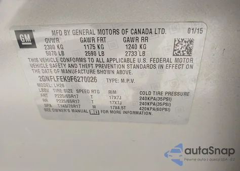 2015 Chevrolet Equinox 1Lt from USA, damaged, VIN 2GNFLFEK9F6270026